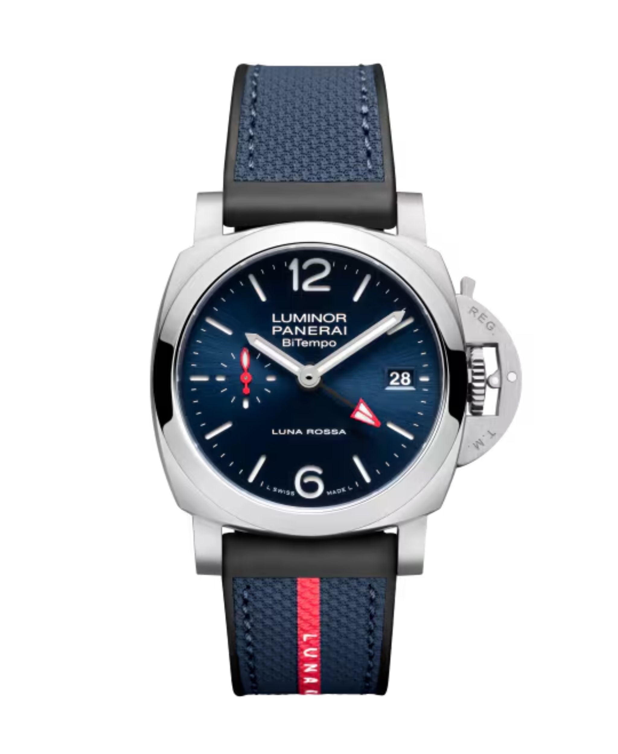Panerai Luminor Luna Rossa GMT de 40 mm con esfera azul, caja de acero y correa bimaterial de caucho y textil.