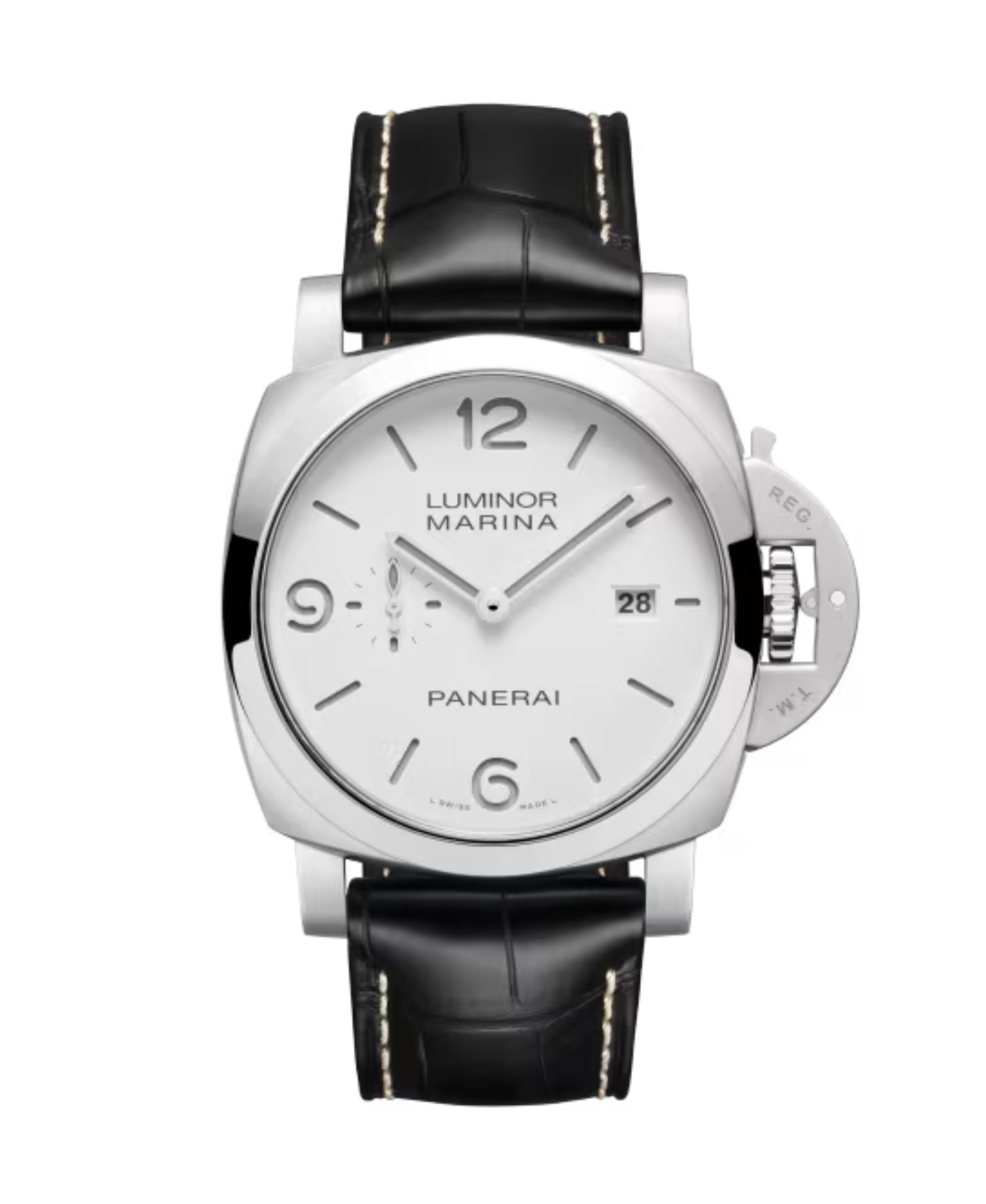 Panerai Luminor Marina de 44 mm con esfera blanca, caja de acero y correa de aligátor negra.