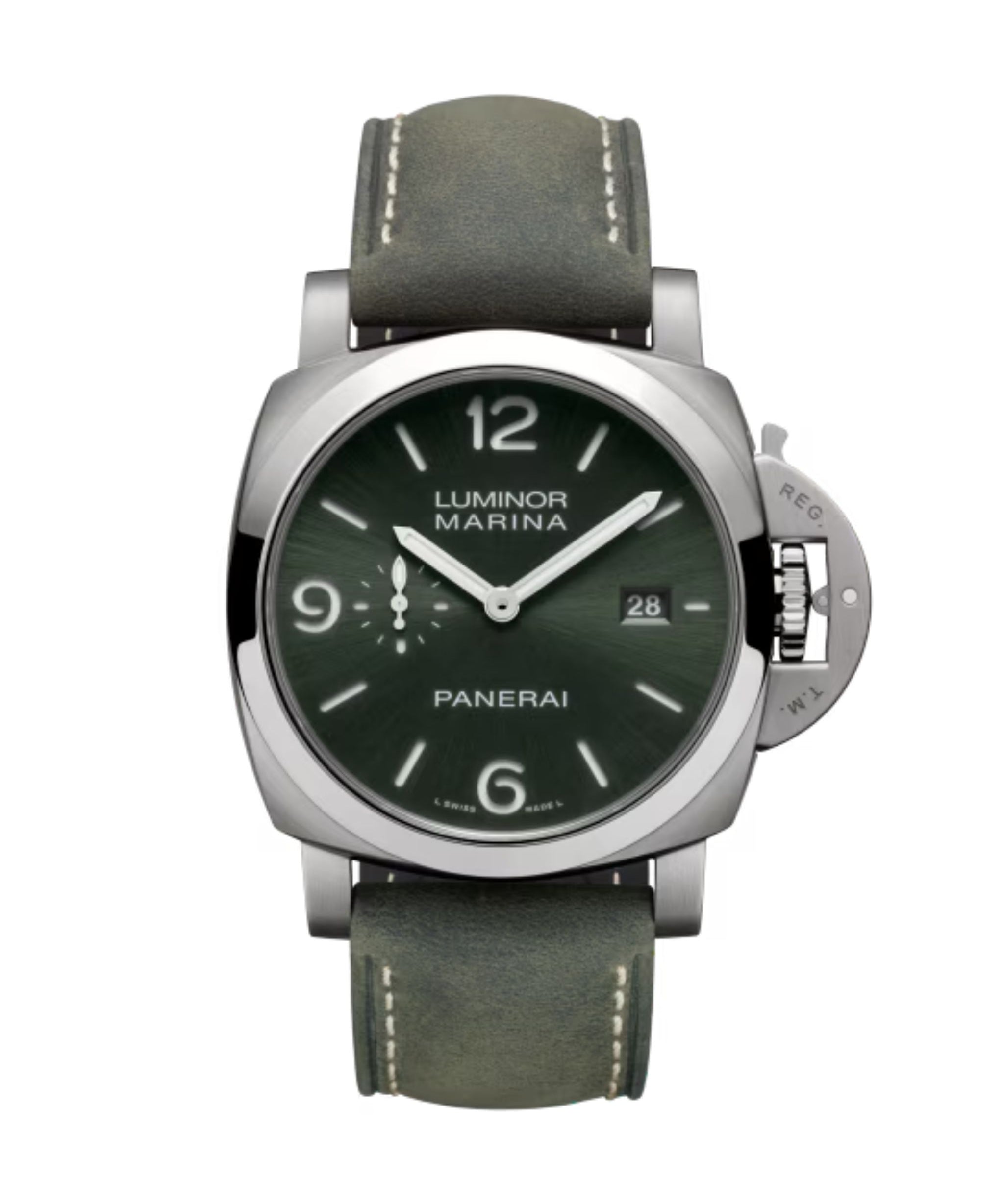 Panerai Luminor Marina de 44 mm con esfera verde, caja de titanio y correa de caucho verde militar.