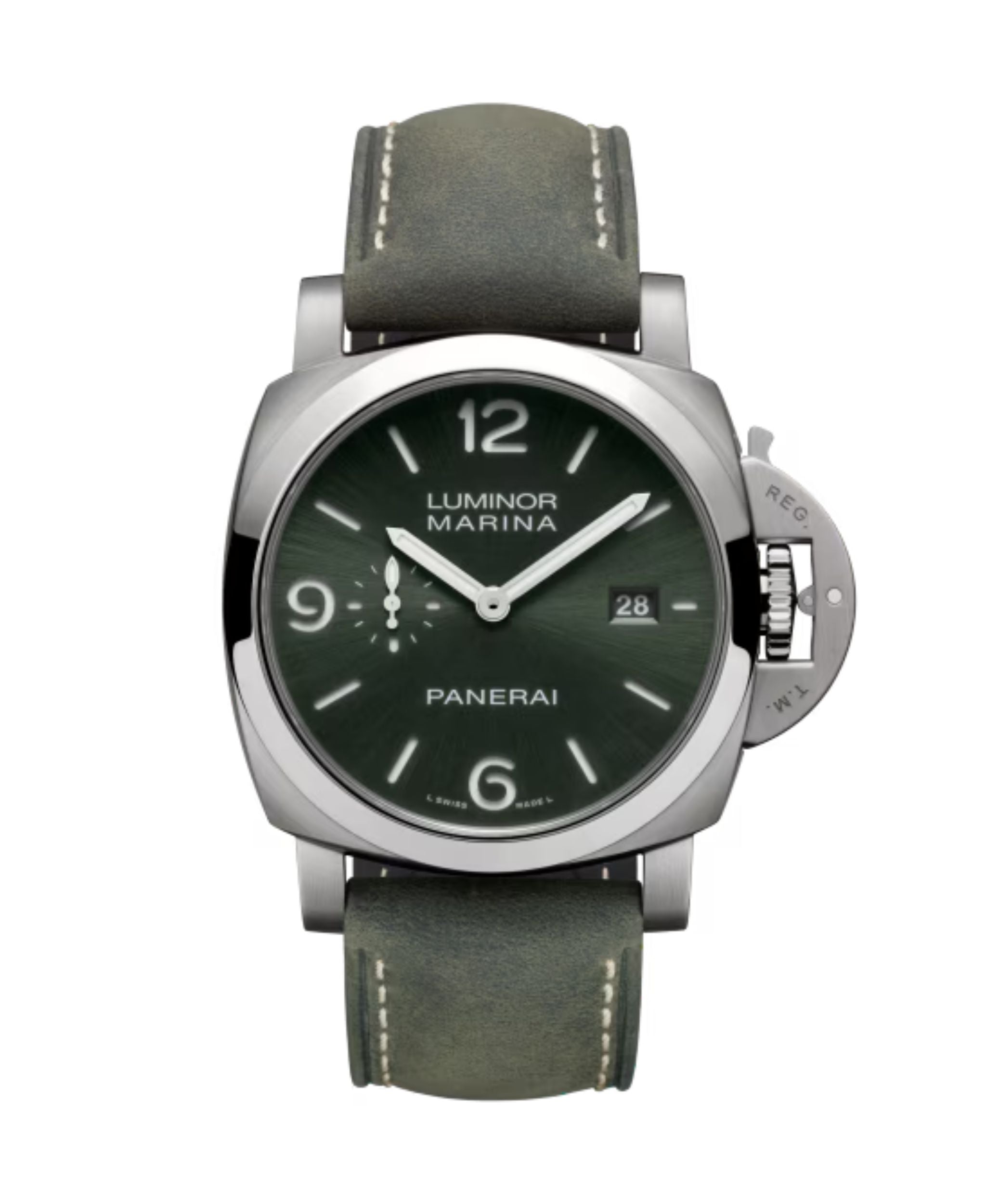 Panerai Luminor Marina de 44 mm con esfera verde, caja de titanio y correa de caucho verde militar.