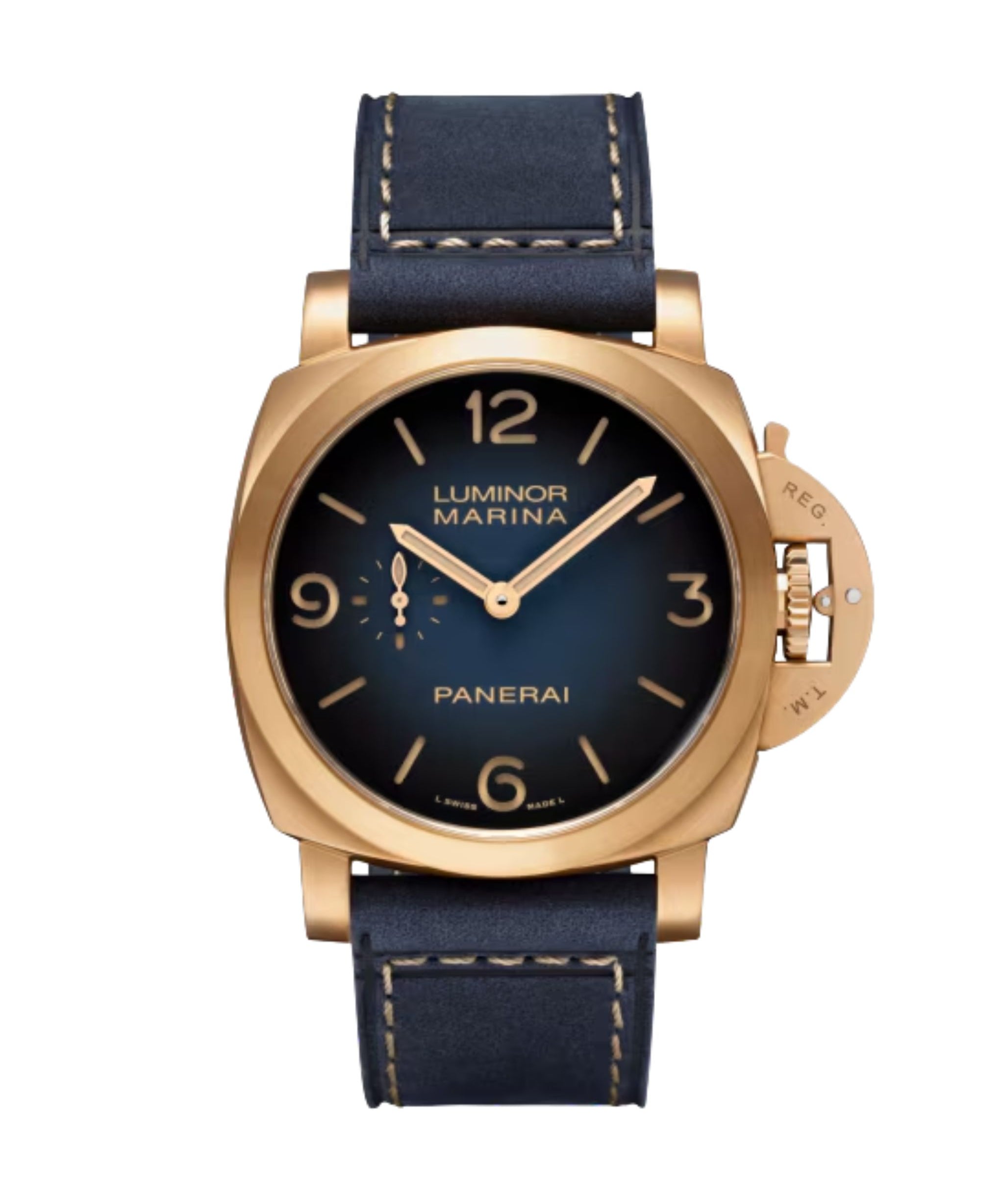 Panerai Luminor Marina Bronzo de 44 mm con esfera azul degradada, caja de bronce y correa de caucho azul.