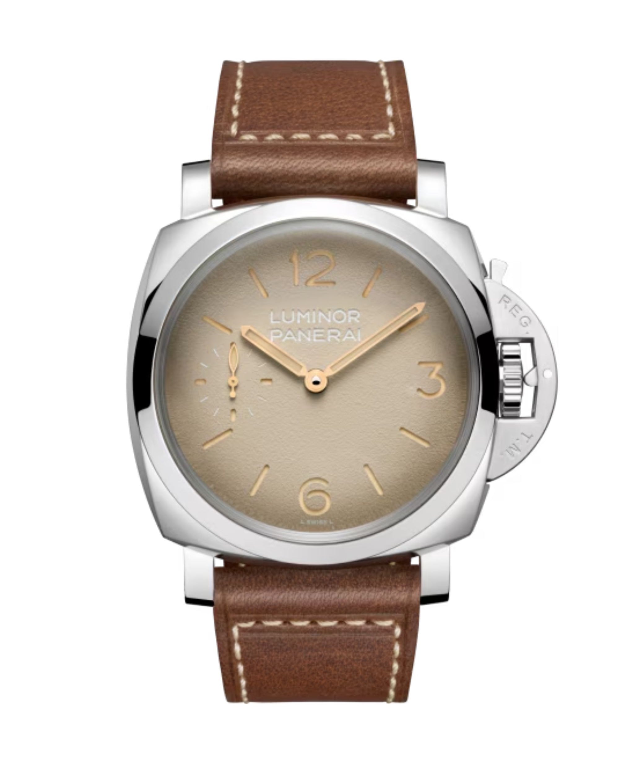 Panerai Luminor con esfera marfil tropical, caja de acero pulido y satinado de 47 mm y correa de piel.
