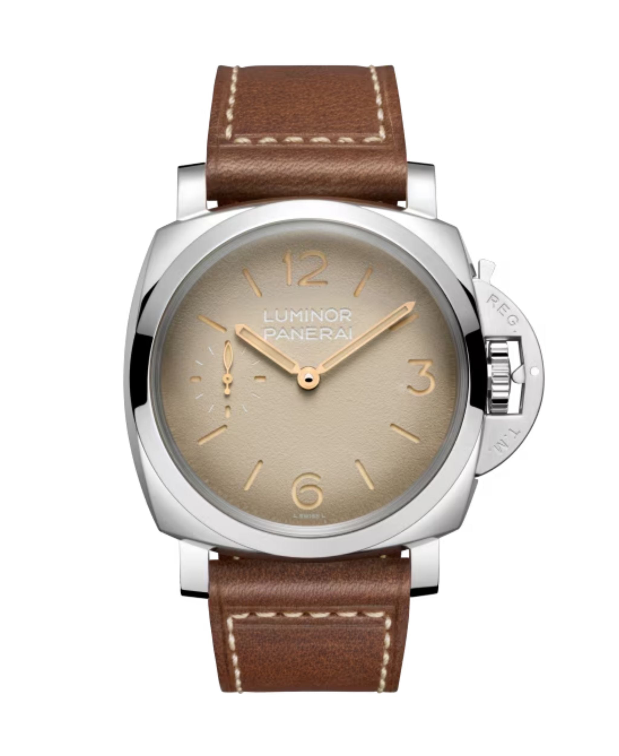 Panerai Luminor con esfera marfil tropical, caja de acero pulido y satinado de 47 mm y correa de piel.