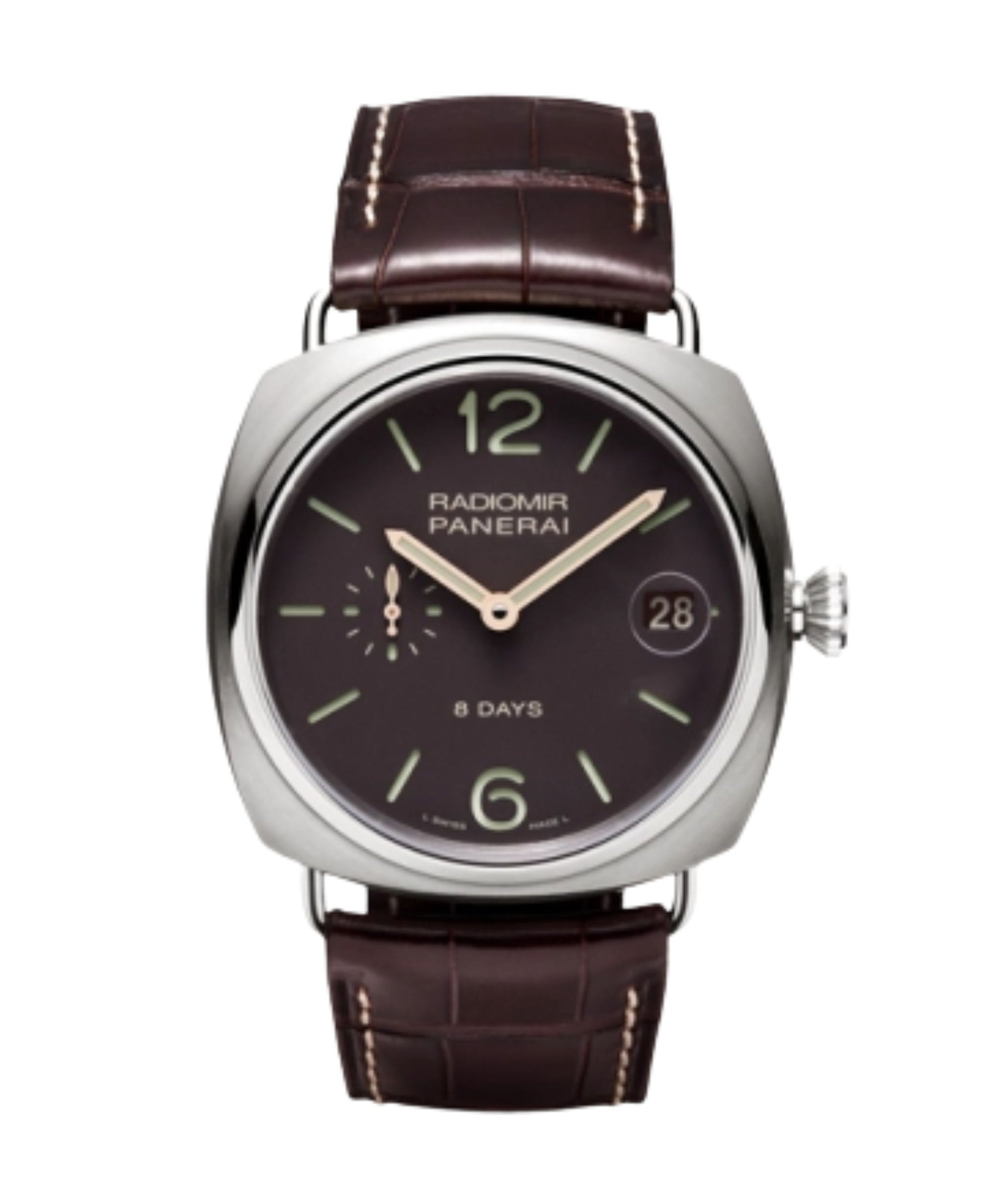 Panerai Radiomir 8 Days de 45 mm con esfera marrón, caja de titanio y correa marrón.