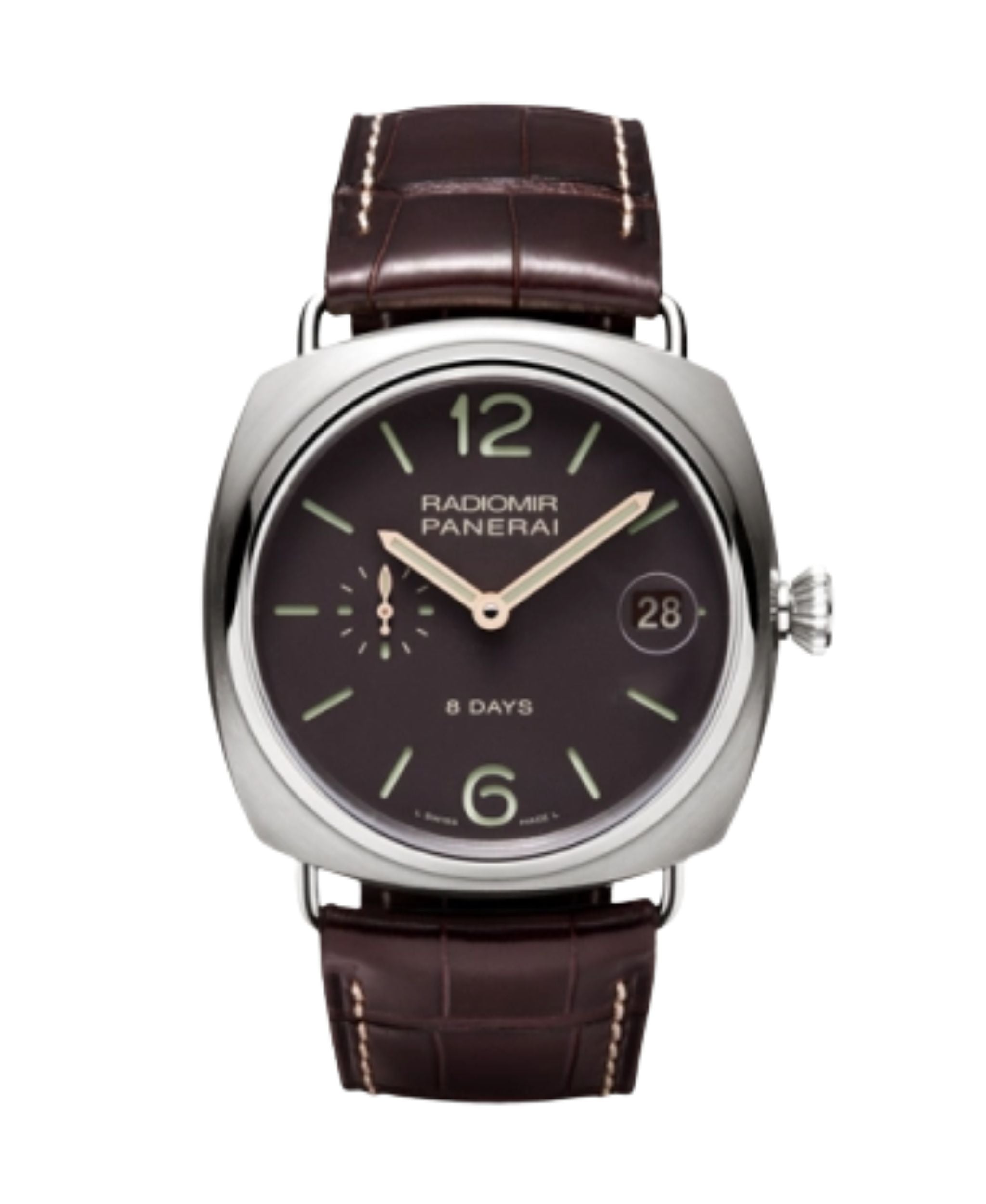 Panerai Radiomir 8 Days de 45 mm con esfera marrón, caja de titanio y correa marrón.