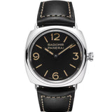 Panerai Radiomir Officine de 45 mm con esfera negra mate, caja de acero pulido y correa de piel negra.