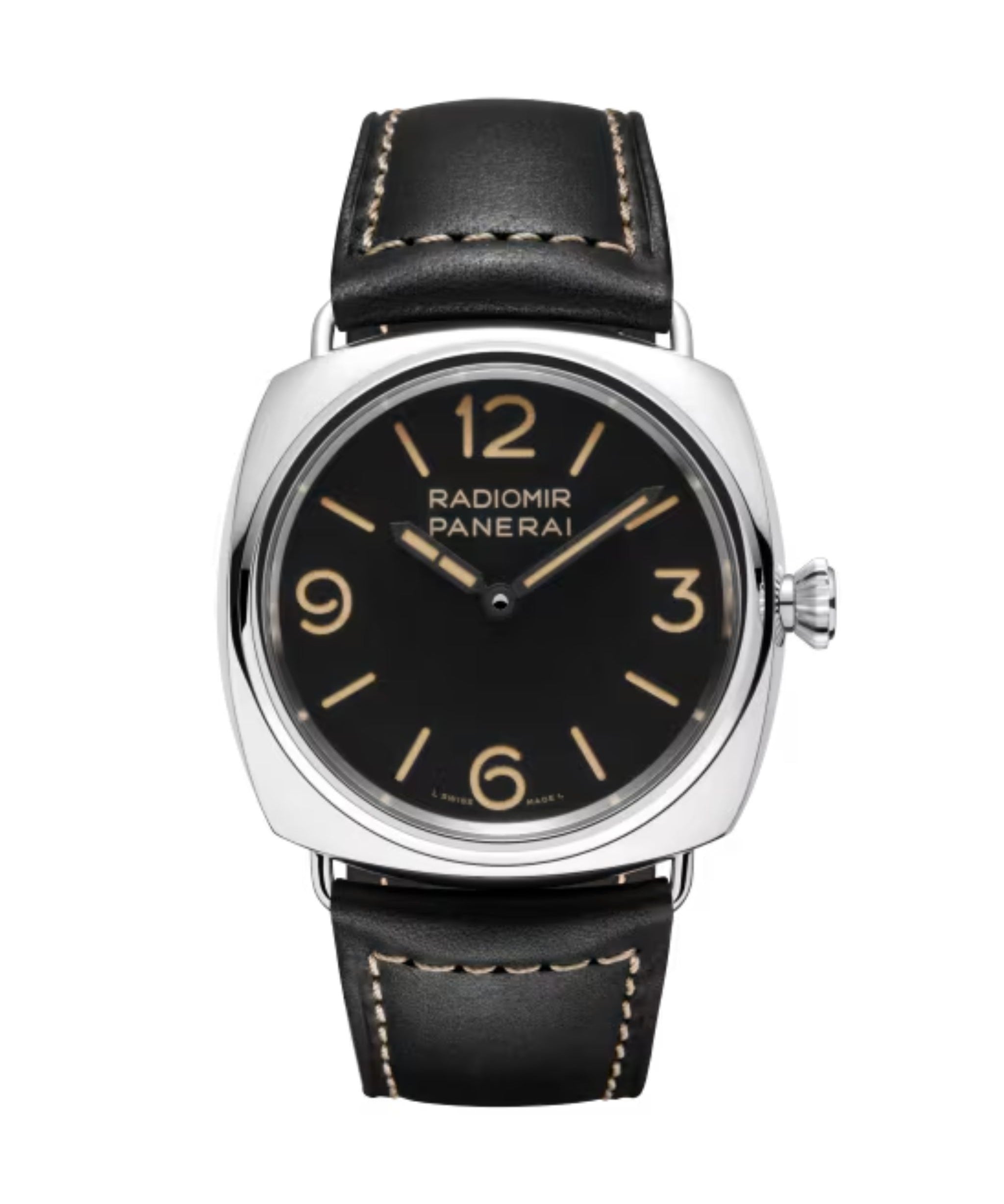 Panerai Radiomir Officine de 45 mm con esfera negra mate, caja de acero pulido y correa de piel negra.