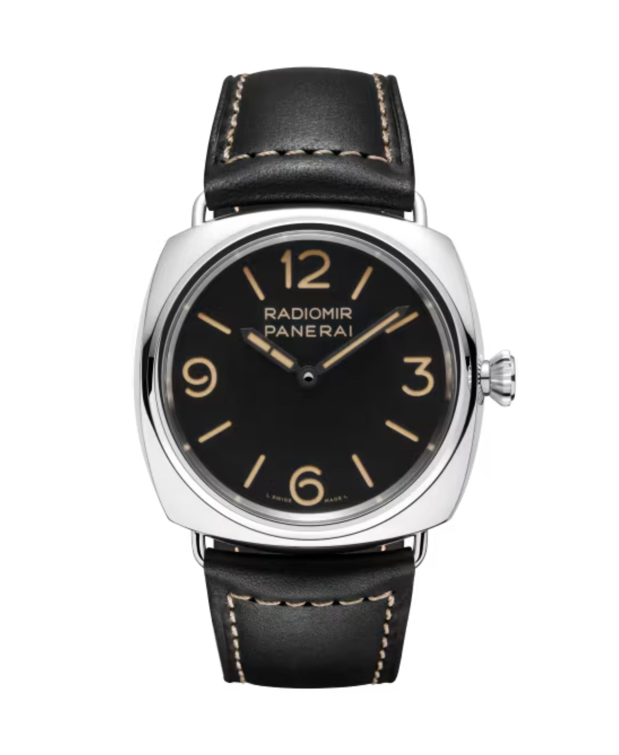 Panerai Radiomir Officine de 45 mm con esfera negra mate, caja de acero pulido y correa de piel negra.