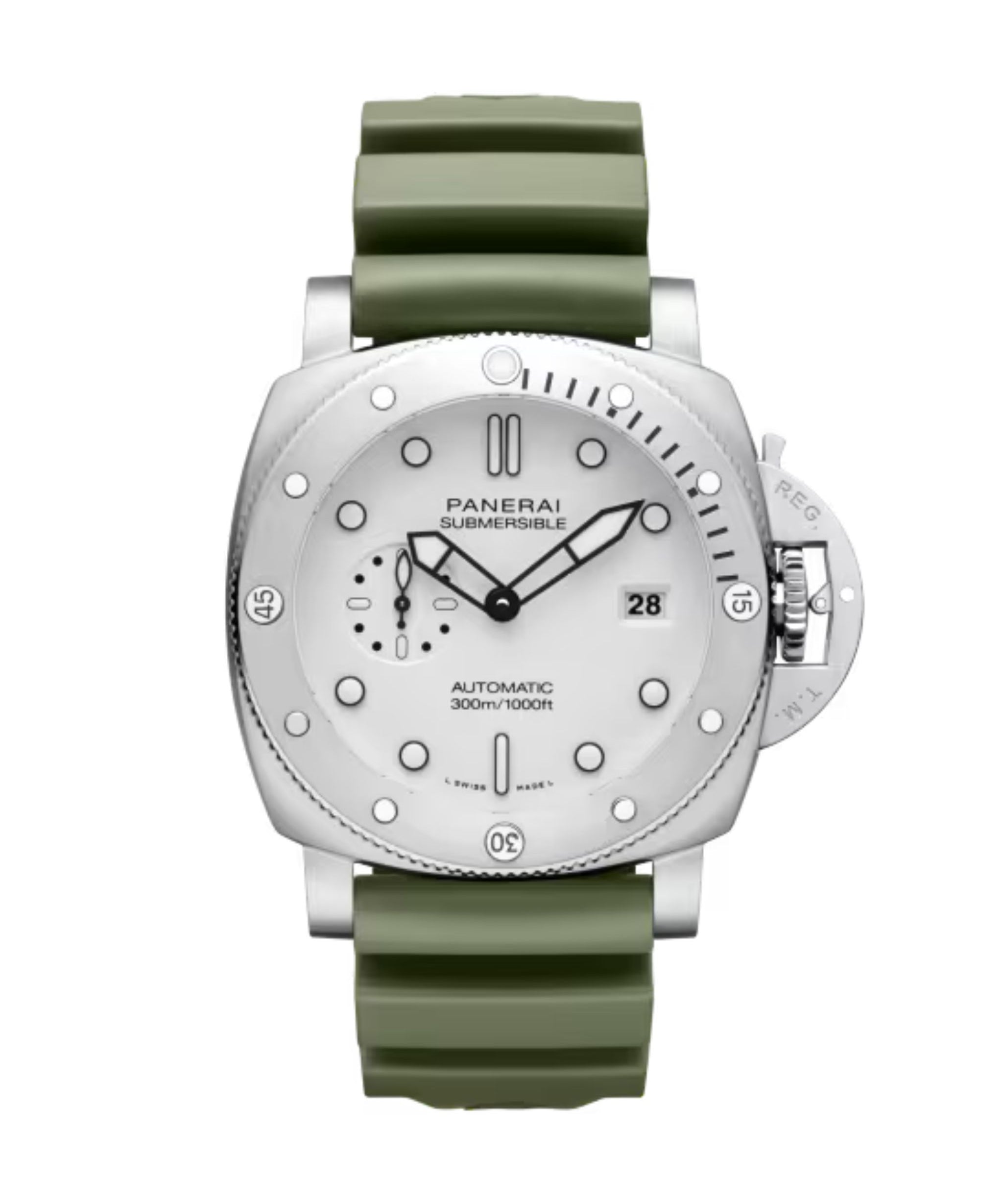 Reloj Panerai Submersible de 44 mm con esfera blanca, caja de acero y correa de caucho verde.