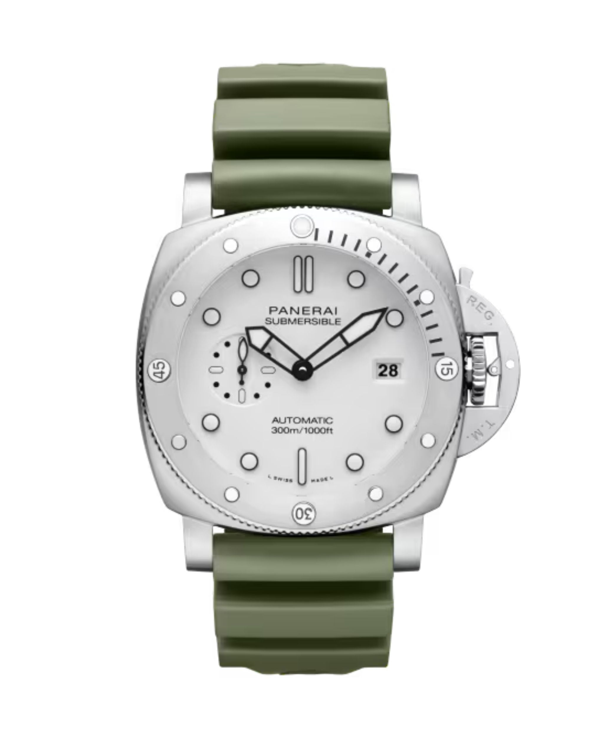 Reloj Panerai Submersible de 44 mm con esfera blanca, caja de acero y correa de caucho verde.
