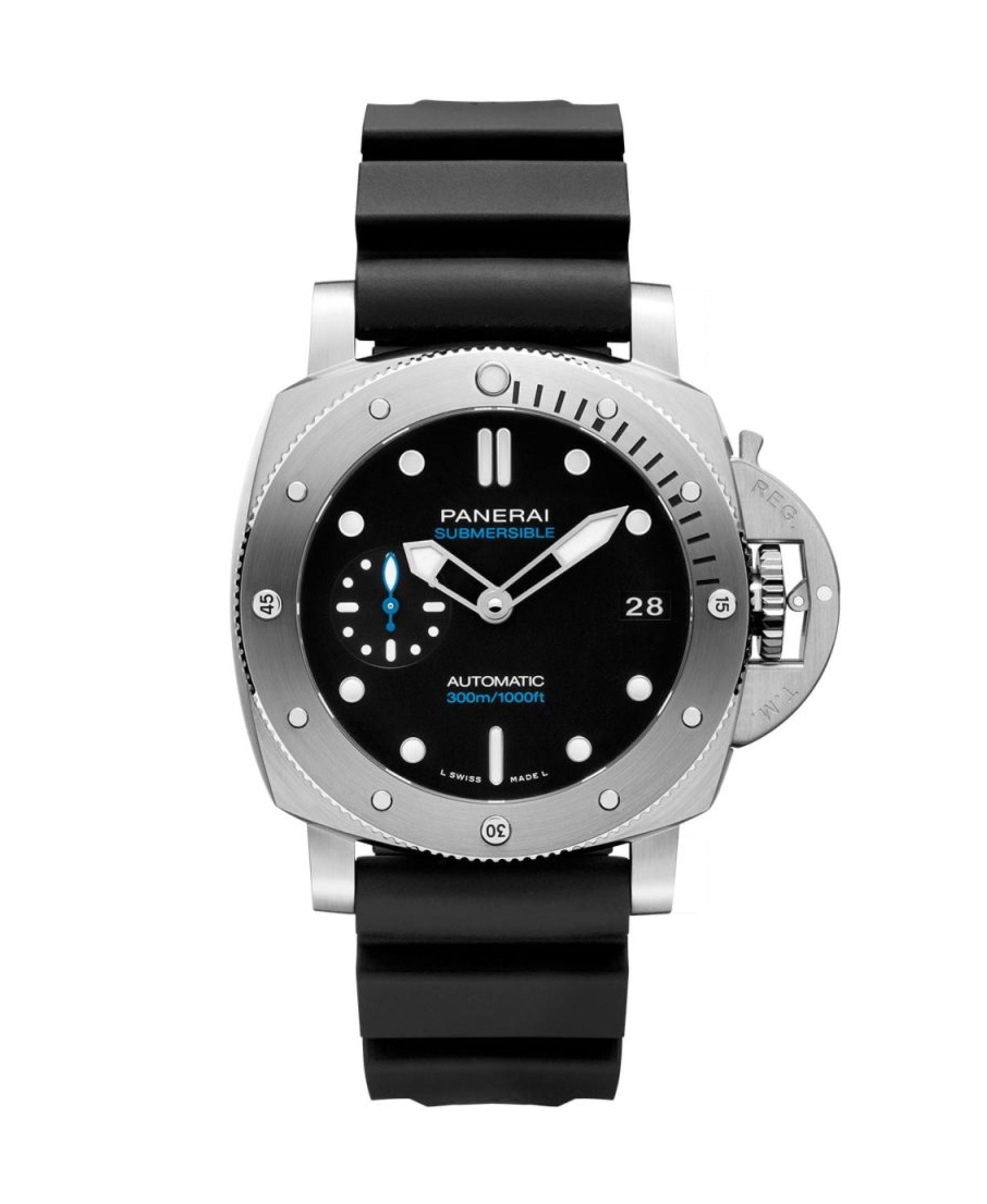 Reloj Panerai Submersible de 42 mm con esfera negra, caja de acero y correa de caucho negra.