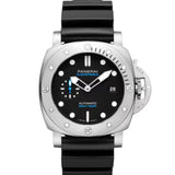 Reloj Panerai Submersible de 44 mm con esfera negra, caja de acero y correa de caucho negra.