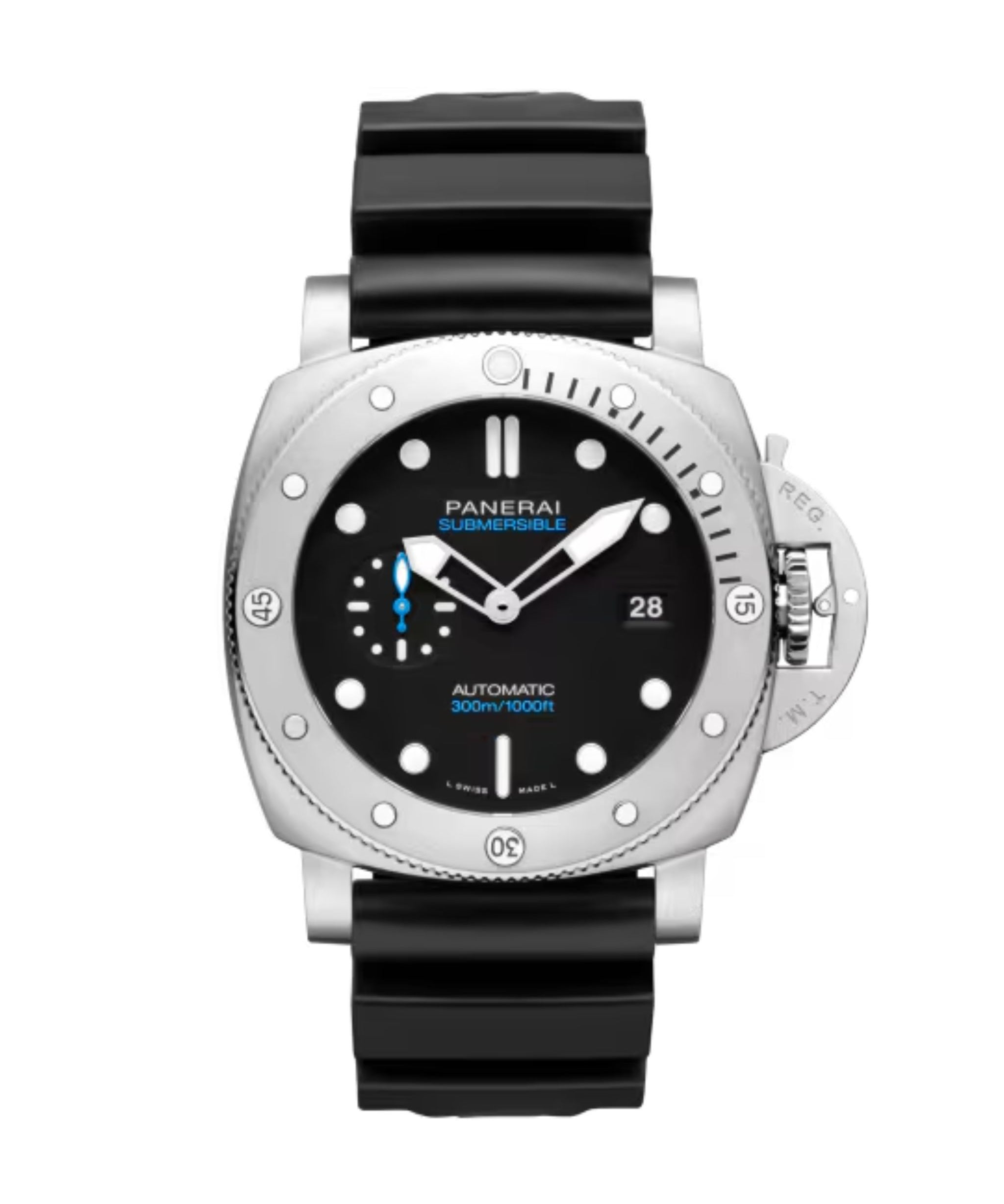 Reloj Panerai Submersible de 44 mm con esfera negra, caja de acero y correa de caucho negra.