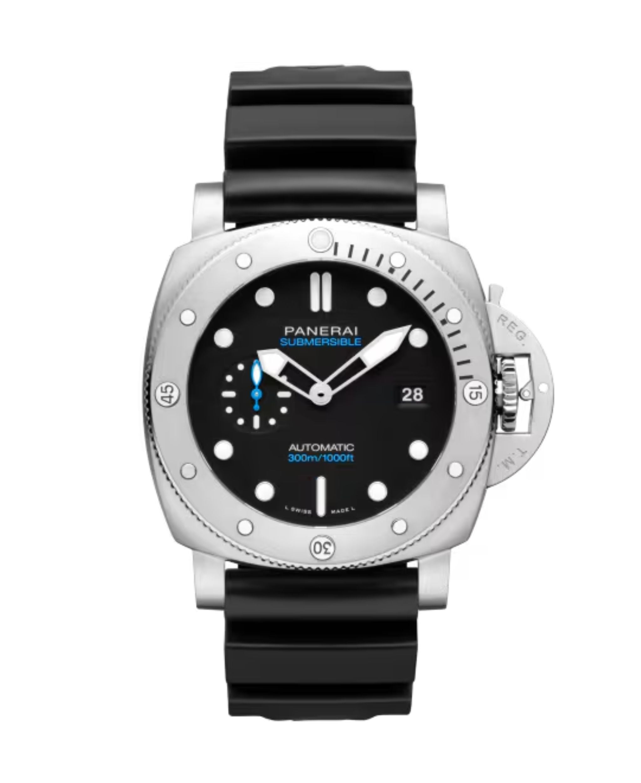 Reloj Panerai Submersible de 44 mm con esfera negra, caja de acero y correa de caucho negra.