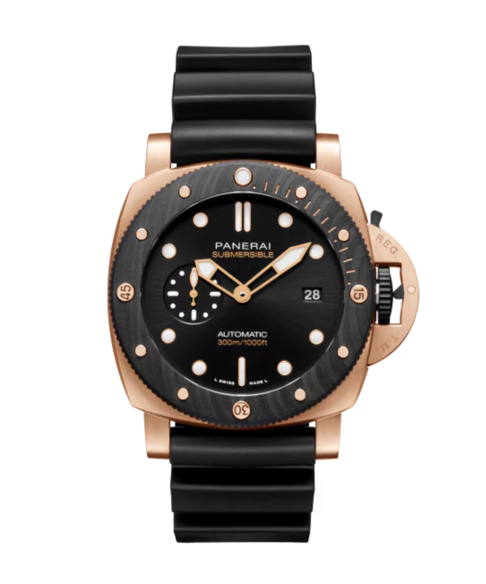 Reloj Panerai Submersible de 44 mm con esfera negra, caja Goldtech™ y correa de caucho negro.