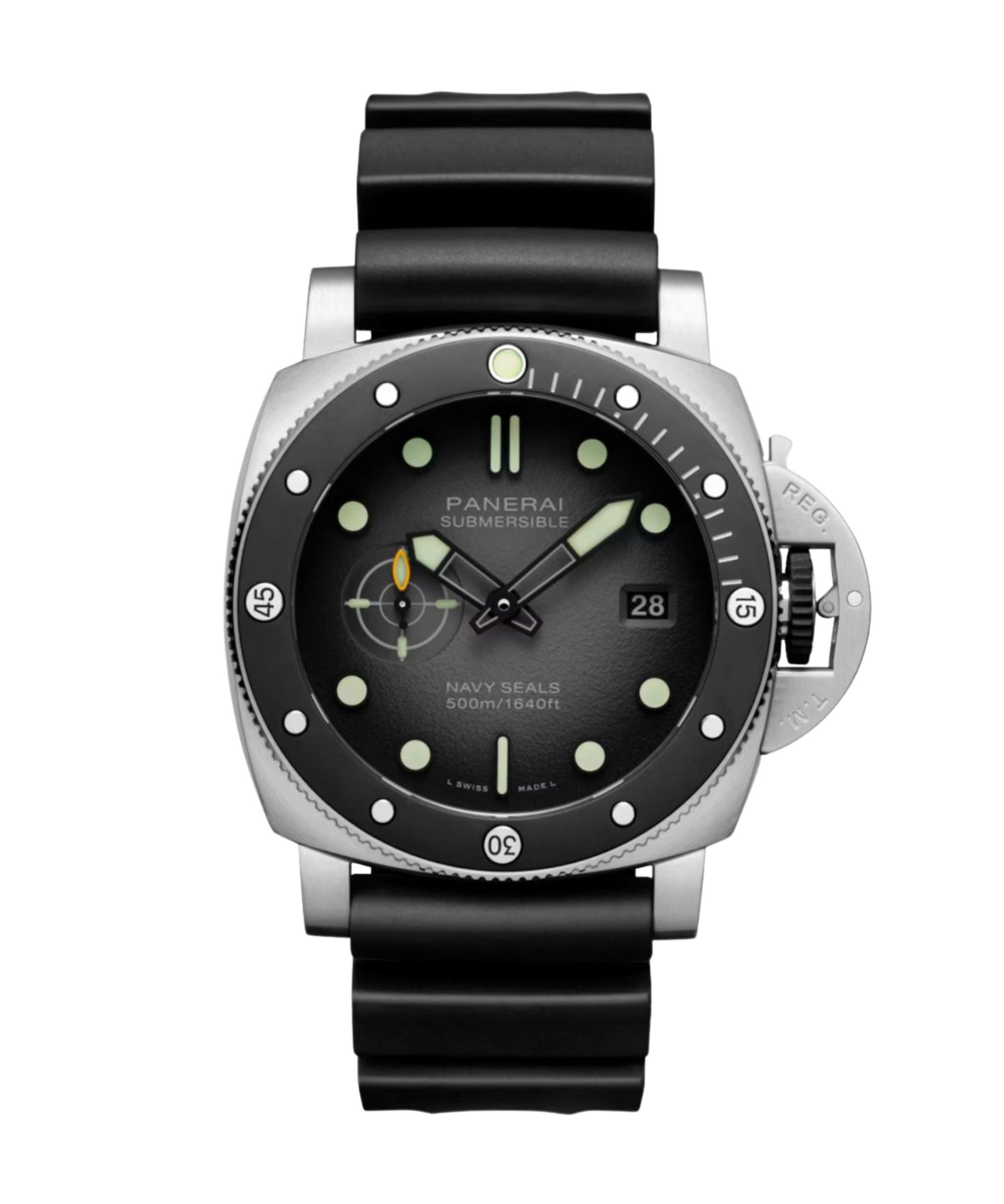 Panerai Submersible Navy SEALs con esfera antracita, caja de acero de 44 mm y correa de caucho negra.