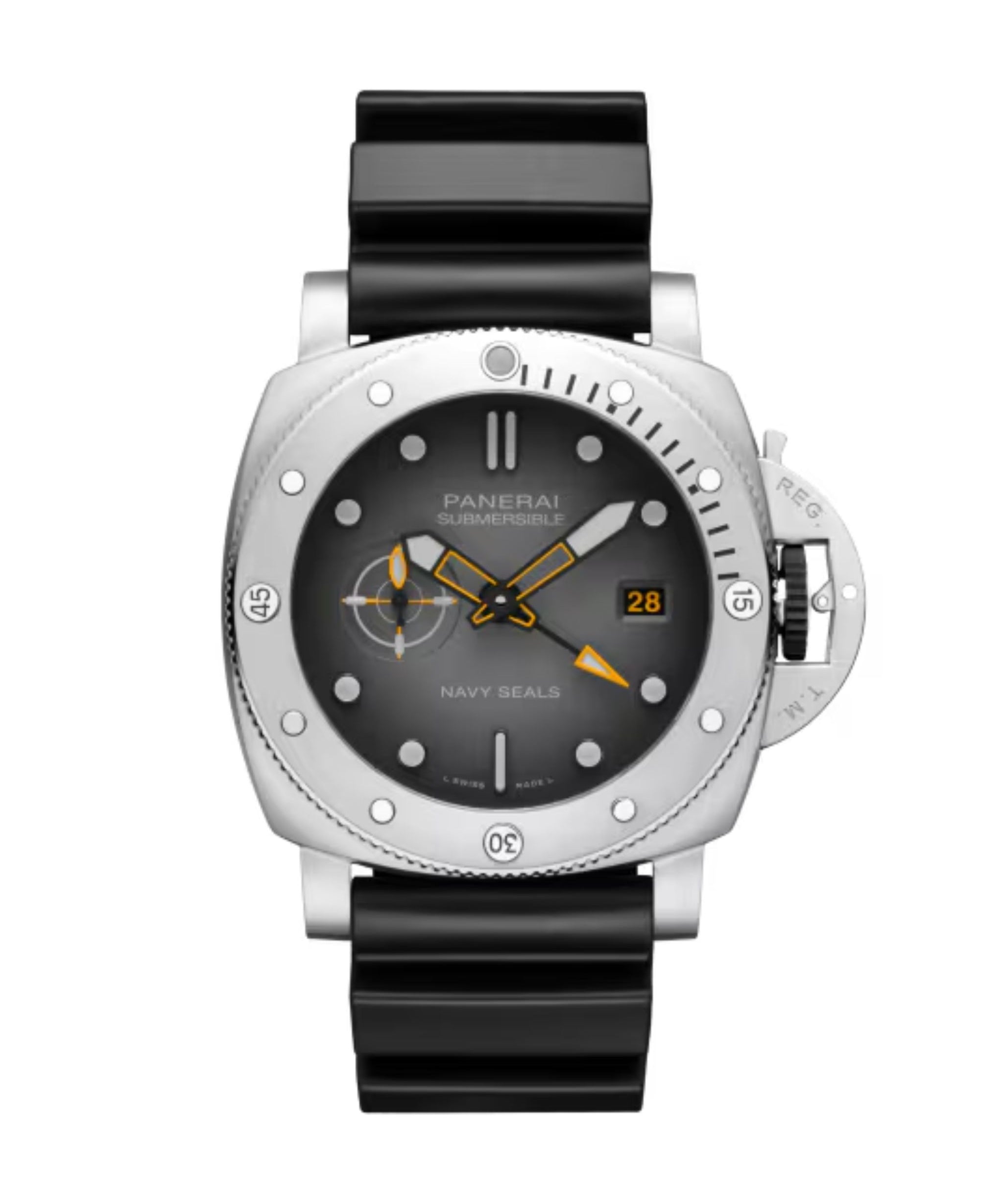 Panerai Submersible Navy SEALs GMT de 44 mm con esfera antracita, caja de acero y correa de caucho negra.