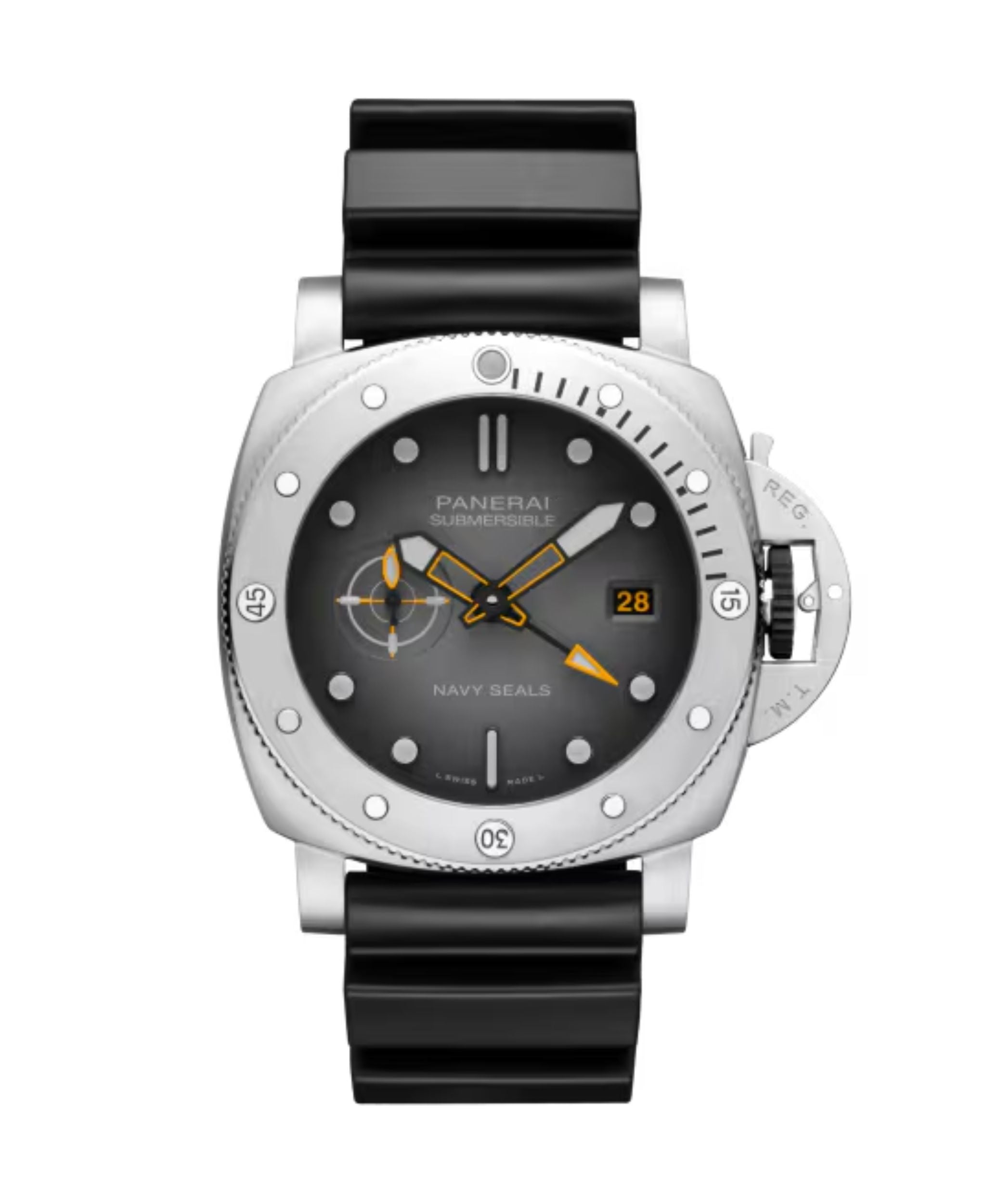 Panerai Submersible Navy SEALs GMT de 44 mm con esfera antracita, caja de acero y correa de caucho negra.