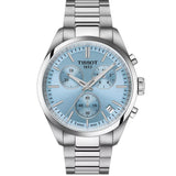 Tissot PR 100 Cronógrafo de 40 mm con esfera azul hielo, caja y brazalete de acero inoxidable.