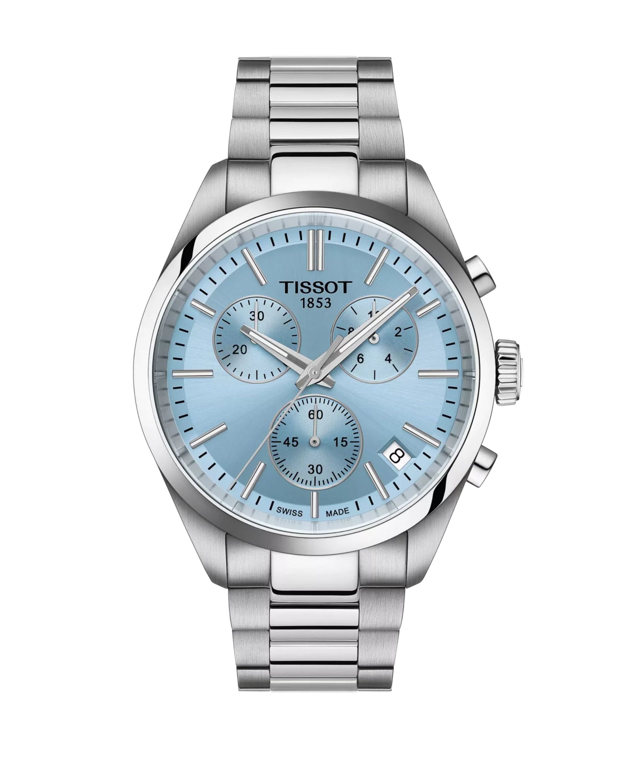 Tissot PR 100 Cronógrafo de 40 mm con esfera azul hielo, caja y brazalete de acero inoxidable.