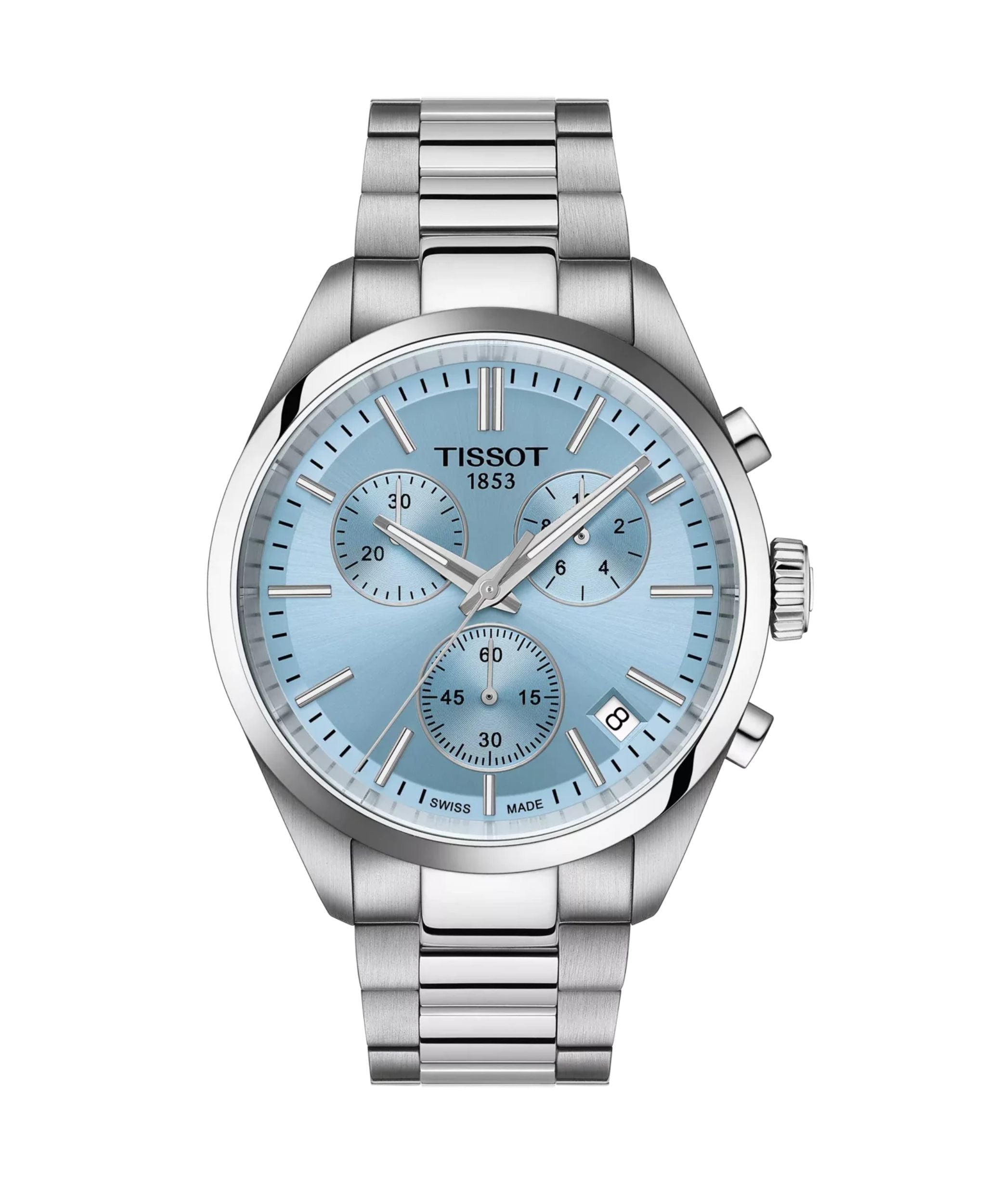 Tissot PR 100 Cronógrafo de 40 mm con esfera azul hielo, caja y brazalete de acero inoxidable.