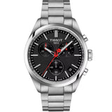 Tissot PR 100 La Vuelta de 40 mm con esfera negra, caja de acero y brazalete de acero inoxidable.