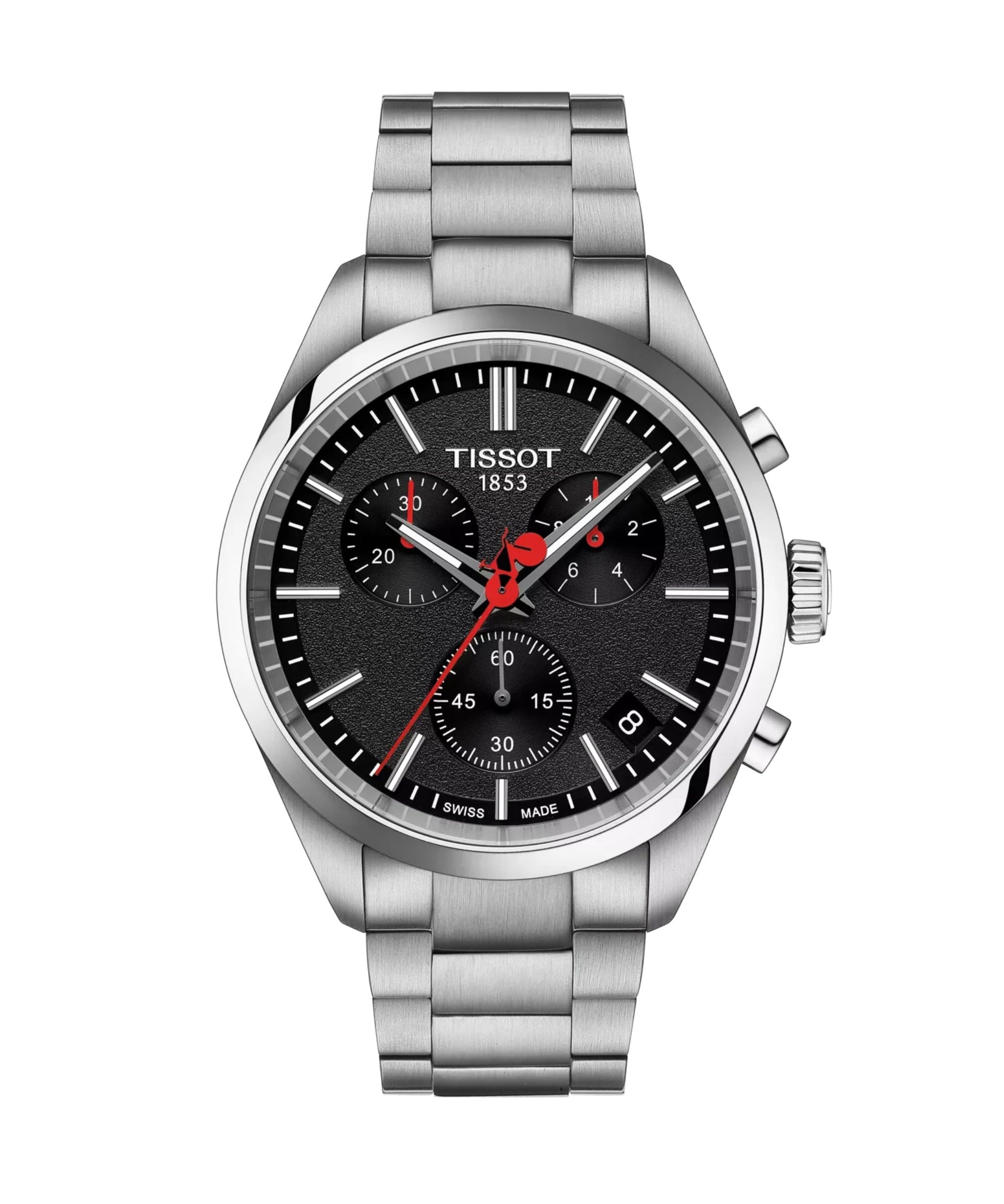 Tissot PR 100 La Vuelta de 40 mm con esfera negra, caja de acero y brazalete de acero inoxidable.
